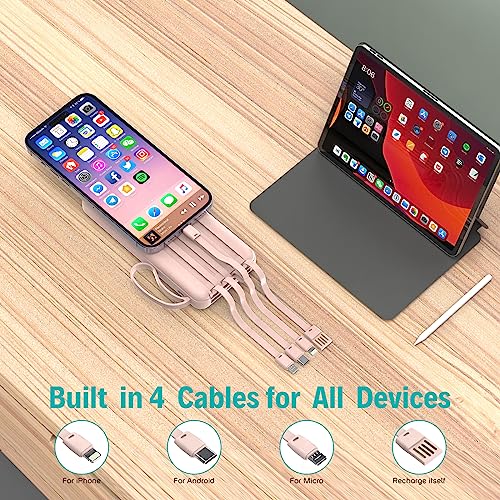 Portable Charger with Built in Cables,10000mAh Slim USB C Power Bank,Pink - color: Pink
