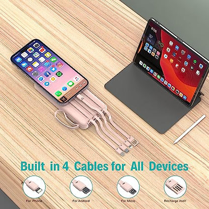 Portable Charger with Built in Cables,10000mAh Slim USB C Power Bank,Pink - color: Pink