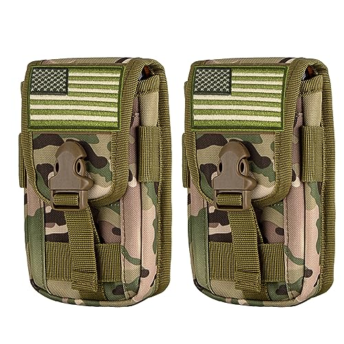 2 Pack Tactical Phone Holster Pouch, Smartphone Pouch Case Molle Attachment Belt Holder for 4.7"-6.9" Phone with US Flag Patch for iPhone 18 Pro Max/17/16/15/14 Pro Max - color: Camo