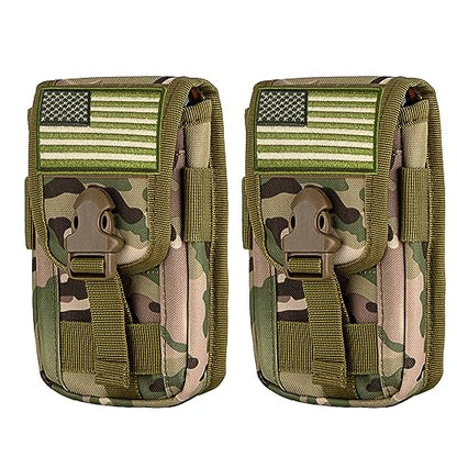 2 Pack Tactical Phone Holster Pouch, Smartphone Pouch Case Molle Attachment Belt Holder for 4.7"-6.9" Phone with US Flag Patch for iPhone 18 Pro Max/17/16/15/14 Pro Max - color: Camo