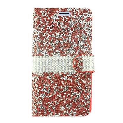 For Samsung Galaxy J7 (2018), J7 Refine, J7 Star, J7V 2nd Gen. SM-J737 - Crystal Diamond Flip Wallet Case + Tempered Glass Screen Protector - Red/Glitter - color: FDS99 Red/Glitter