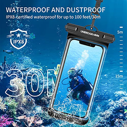 UNBREAKcable Waterproof Phone Pouch-2 Pack IPX8 Waterproof Phone Case for iPhone 17 16 15 14 13 12 Pro Max & Samsung S25 S24 S23-Dry Bag & Travel Essentials for Beach, Pool, Kayak & Cruise-7" Black - color: Black