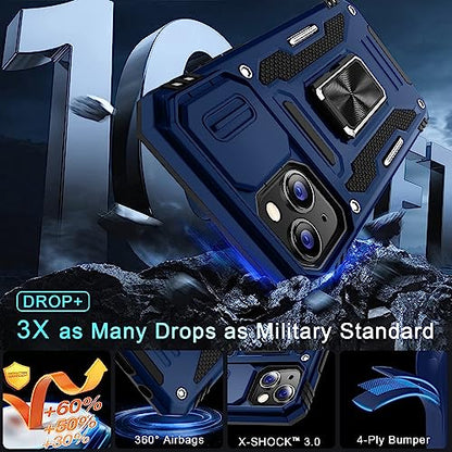 DEERLAMN Case for iPhone 13/iPhone 14 6.1-Inch with Slide Camera Cover+Screen Protector(2 Packs),Rotated Ring Kickstand Military Grade Shockproof Protective Cover-Navy Blue - color: Navy Blue
