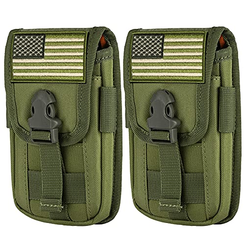 2 Pack Tactical Phone Holster Pouch, Smartphone Pouch Case Molle Attachment Belt Holder for 4.7"-6.9" Phone with US Flag Patch for iPhone 18 Pro Max/17/16/15/14 Pro Max - color: Green