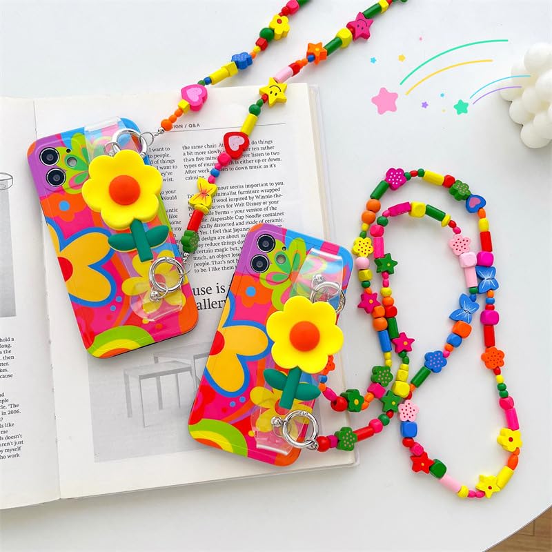 Lanyard Case Compatible with iPhone 15 Case,Crossbody case with Strap and Wrist Band,Unique Cute Kawaii Colorful Painting Flowers Design for Girls and Women - color: For iPhone 15