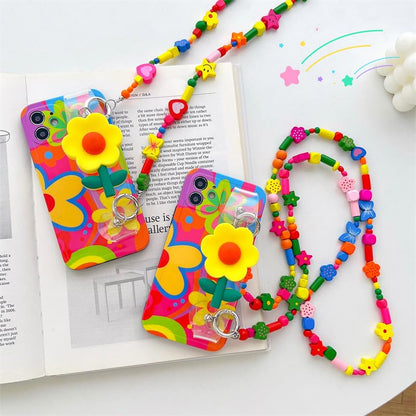 Lanyard Case Compatible with iPhone 15 Case,Crossbody case with Strap and Wrist Band,Unique Cute Kawaii Colorful Painting Flowers Design for Girls and Women - color: For iPhone 15