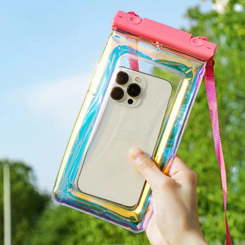 Pink Floating Waterproof Phone Pouch, Holographic Laser TPU Dry Bag with Air Padding, Touch Responsive Case for Swimming, Snorkeling - color: Pink