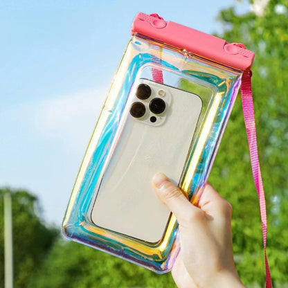 Pink Floating Waterproof Phone Pouch, Holographic Laser TPU Dry Bag with Air Padding, Touch Responsive Case for Swimming, Snorkeling - color: Pink