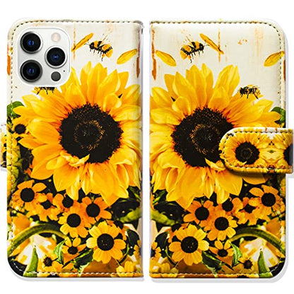 Bcov Case for iPhone 14 Pro, Sunflower Bee Flip Phone Case Wallet Cover with Card Slot Holder Kickstand for iPhone 14 Pro - color: Sunflower Bee