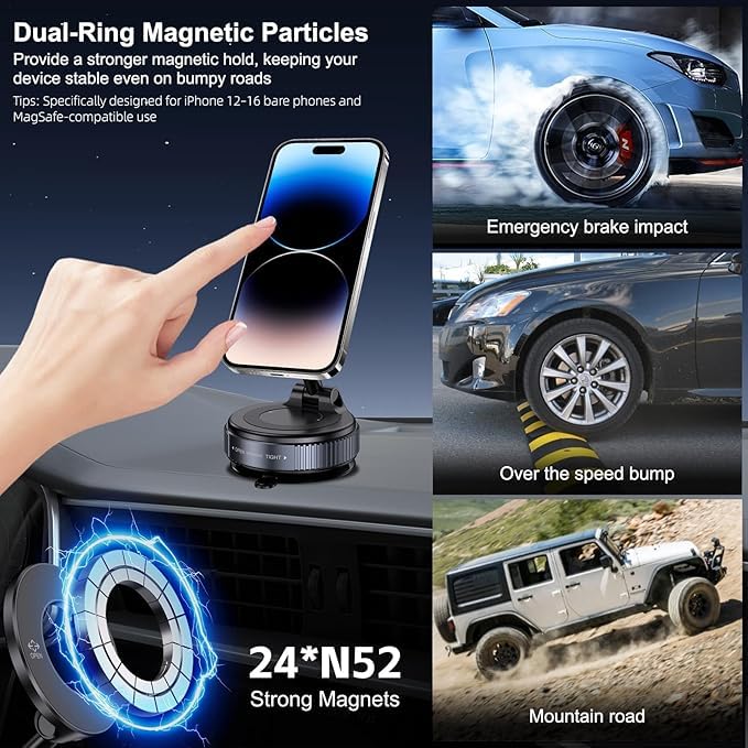 2026 Upgraded Magnetic Car Phone Mount — 70-Pound Ultra-Strong Vacuum Suction Cup, 360° Rotation, Suitable for Cars/Gyms/Mirrors/Smooth Surfaces, Compatible with iPhone, Android, and All Smartphones