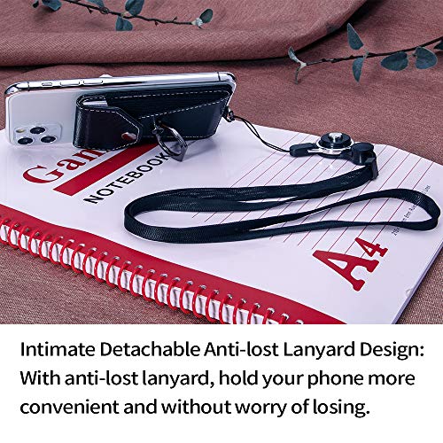 Cell Phone Card Holder,Card Holder for Back of Cell Phone with Ring Grip Stand,Adhesive Stick-on Credit Card Wallet Pocket with Detachable Neck Strap Black