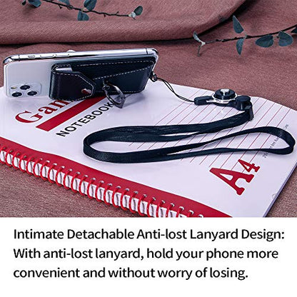 Cell Phone Card Holder,Card Holder for Back of Cell Phone with Ring Grip Stand,Adhesive Stick-on Credit Card Wallet Pocket with Detachable Neck Strap Black
