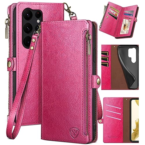 XcaseBar for Samsung Galaxy S24 Ultra Wallet case with Zipper Credit Card Holder RFID Blocking,Flip Folio Book PU Leather Shockproof Protective Cover Women Men for Samsung S24Ultra Phone case Rose Red - color: Rose Red Case