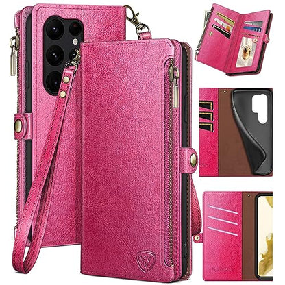 XcaseBar for Samsung Galaxy S24 Ultra Wallet case with Zipper Credit Card Holder RFID Blocking,Flip Folio Book PU Leather Shockproof Protective Cover Women Men for Samsung S24Ultra Phone case Rose Red - color: Rose Red Case