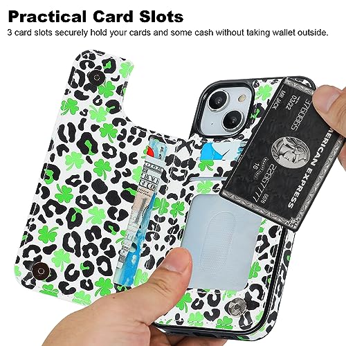 HAOPINSH for iPhone 14 Wallet Case with Card Holder, Clover Leopard Cheetah Pattern Back Flip Folio PU Leather Kickstand Card Slots for Women Girls, Double Magnetic Clasp Shockproof Cover 6.1" - color: Clover Leopard