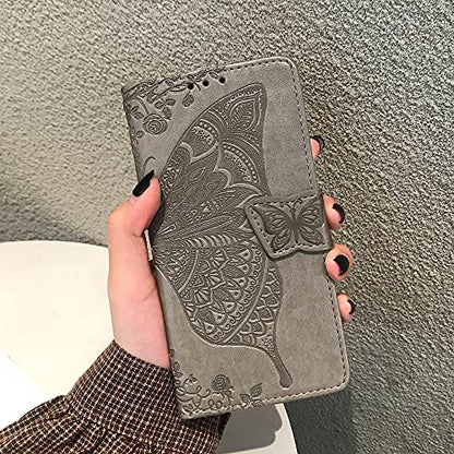 for iPhone 12 Pro/iPhone 12 Wallet Case,Women Flip Folio Cover with Butterfly Embossed PU Leather Kickstand Credit Card Holder Slots Wrist Strap for iPhone 12/12 Pro 6.1 inch (Gray) - color: Gray