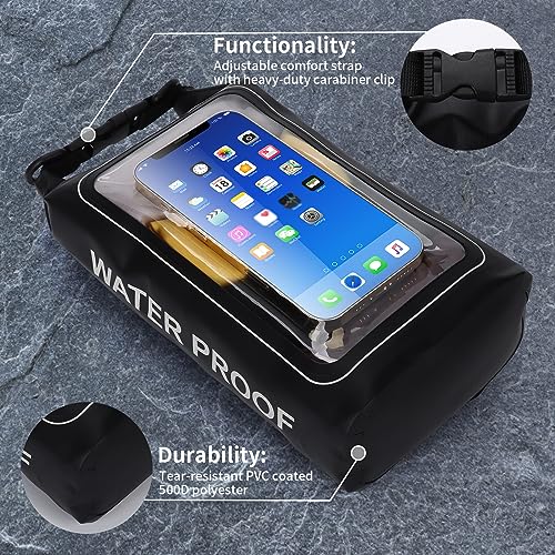 IP68 Waterproof Dry Bag, 2L - Roll Top Waterproof Pool Bag，Dry Bags for Kayaking Waterproof-w/Phone Pouch,Large Waterproof Phone Pouch,Boating & Kayak Accessories Camping (Black) - color: black