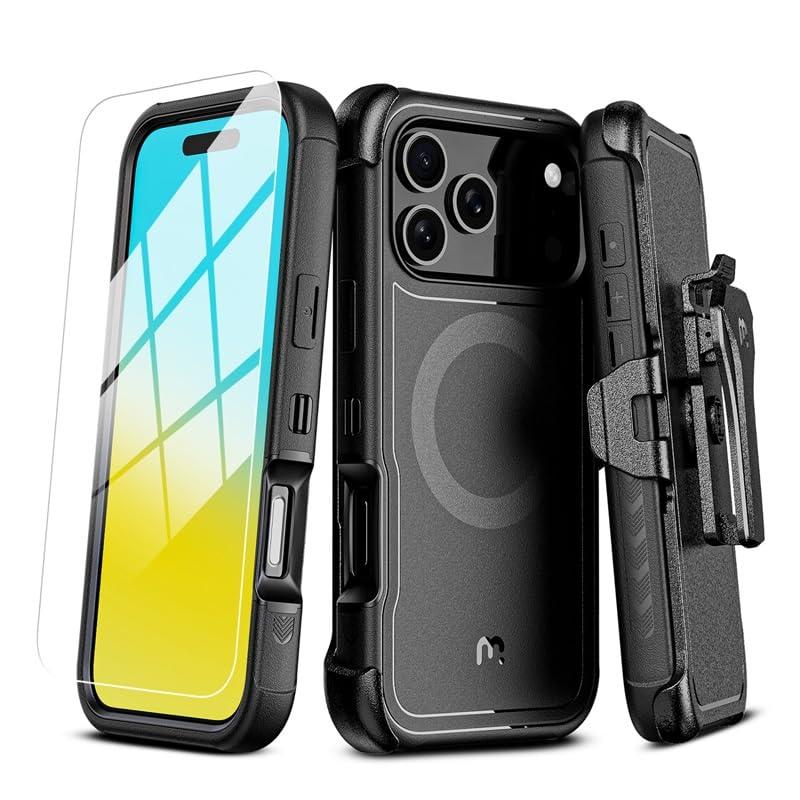 M MYBAT PRO for iPhone 17 Pro Case with Belt Clip Holster,[Compatible with Magsafe] w/Screen Protector,Anti-Drop,Shockproof,w 360°Rotating Kickstand,Heavy Duty Protection (Black) - color: Black