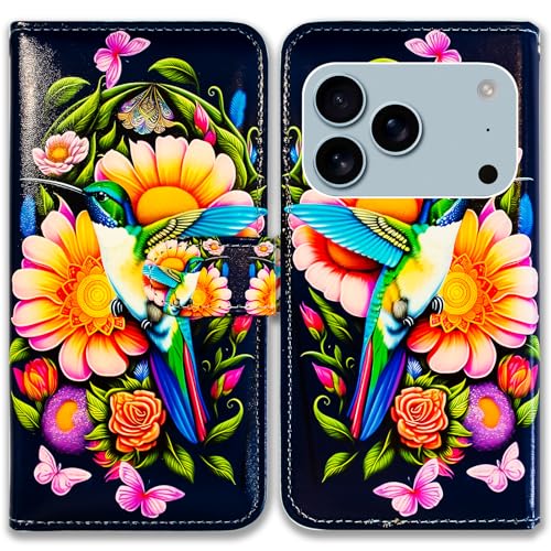 Bcov Case for iPhone 17 Pro,Hummingbird Butterfly Flowers Leather Flip Phone Case Wallet Cover with Card Slot Holder Kickstand Case for iPhone 17 Pro - color: Hummingbird Butterfly Flowers