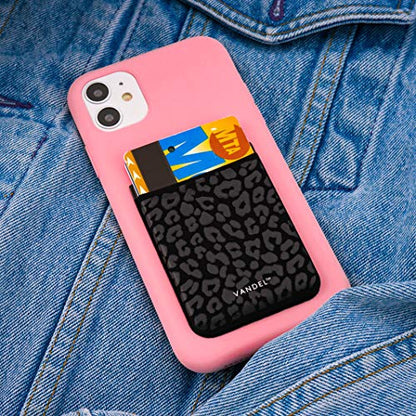 Vandel Stick-On Fabric Phone Wallet for Women, Cute Credit Card Holder | Stylish Credit Card Holder for Phone Case, Stick On Back of Phone Fabric Sleeve for iPhone Pocket - color: Black Leopard