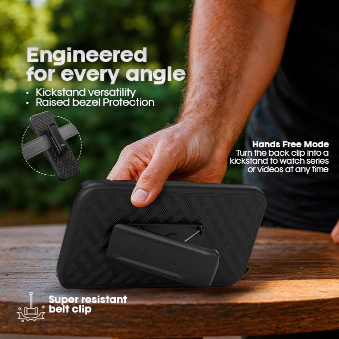 MOTIVE for iPhone 17 Pro Max Case with Belt Clip, Rigid, Kickstand | 6.9" | Ranger v1 Series, Black, 360° holster, open-top/open-bottom port access, textured grip, slim - size: iPhone 17 Pro Max