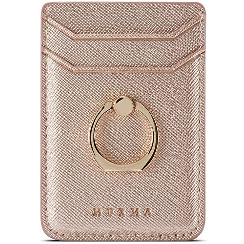 Phone Card Holder with Ring Grip for Back of Phone,Adhesive Stick-on Credit Card Wallet Pocket for iPhone,Android and Smartphones Rosegold - color: RoseGold