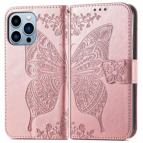 for iPhone 13 Pro Case Wallet for Women,Rose Gold | Butterfly Phone Cover Flip Folio Embossed PU Leather Credit Card Holder Slots Magnetic Wrist Strap Case - color: Rose Gold
