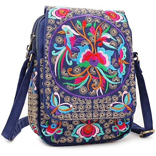 SILKAREA Embroidered Cute Mini Crossbody Bag for Women Small Handbags Wristlet Wallet Bag Cell-phone Pouch Coin Purse - color: S2 Blue Medium
