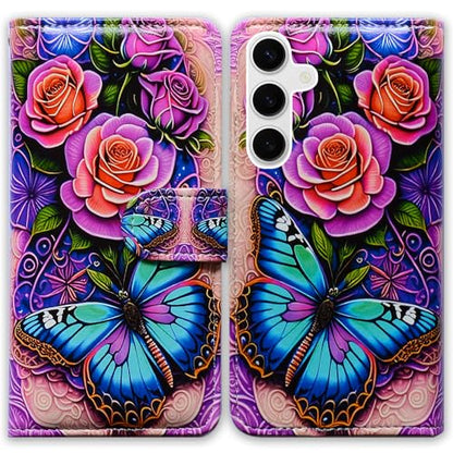 Bcov Case for Galaxy S26,Blue Butterfly Flowers Rose Leather Flip Phone Case Wallet Cover with Card Slot Holder Kickstand Case for Samsung Galaxy S26 - color: Blue Butterfly Flowers Rose