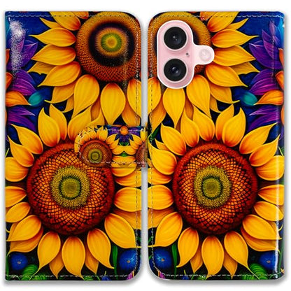 Bcov Case for iPhone 16,Beautiful Sunflowers Multifunction Leather Phone Case Wallet Flip Cover with Multi Card Slots Pocket Wrist Strap for Apple iPhone 16 - color: Beautiful Sunflowers