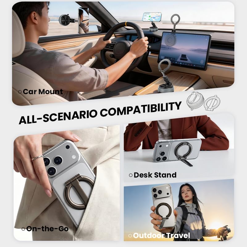 Magnetic Car Phone Mount 2-in-1 Detachable Ring Stand for Desk & Dashboard