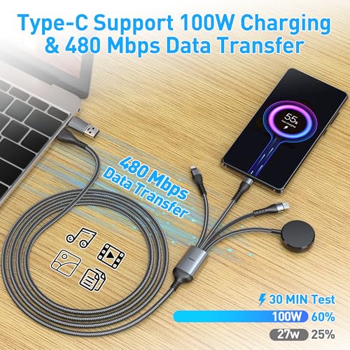 100W 4 in 1 Multi Chargers Cable for Samsung Galaxy Watch 8/7 6/5/4/3, Galaxy w-atch Classic 8/7/6/5/4, 10FT Magnetic Samsung Watch and Phone Charger with Data Transfer for iPhone 15/14/13/ Galaxy S25