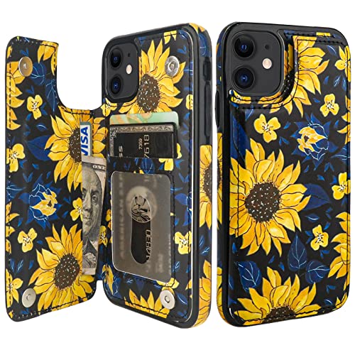 HAOPINSH for iPhone 11 Wallet Case with Card Holder, Blooming Sunflowers Pattern Back Flip Case PU Leather Kickstand Card Slots Case for Women Girls, Double Magnetic Clasp Shockproof Cover 6.1" - color: Blooming Sunflowers
