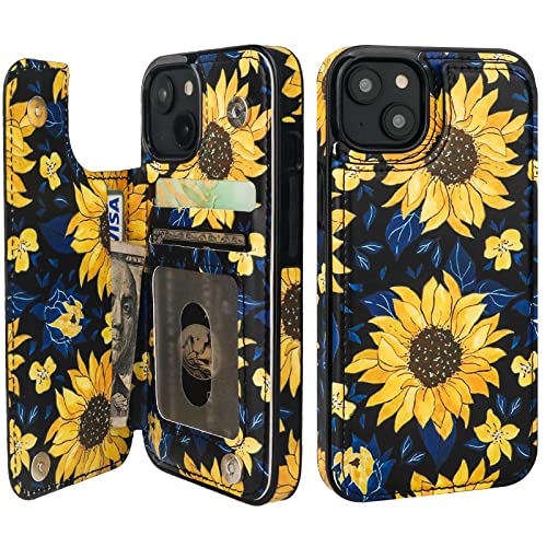 HAOPINSH for iPhone 14 Wallet Case with Card Holder, Blooming Sunflowers Pattern Back Flip Folio PU Leather Kickstand Card Slots Case for Women Girls, Double Magnetic Clasp Shockproof Cover 6.1" - color: Blooming Sunflowers