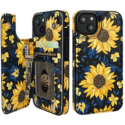HAOPINSH for iPhone 14 Wallet Case with Card Holder, Blooming Sunflowers Pattern Back Flip Folio PU Leather Kickstand Card Slots Case for Women Girls, Double Magnetic Clasp Shockproof Cover 6.1" - color: Blooming Sunflowers