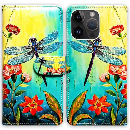 RFID Safe Case for iPhone 15 Pro Max,RFID Blocking,Red Flower Blue Dragonfly Leather Flip Phone Case Wallet Cover with Card Slot Holder Kickstand for iPhone 15 Pro Max - color: Red Flower Blue Dragonfly