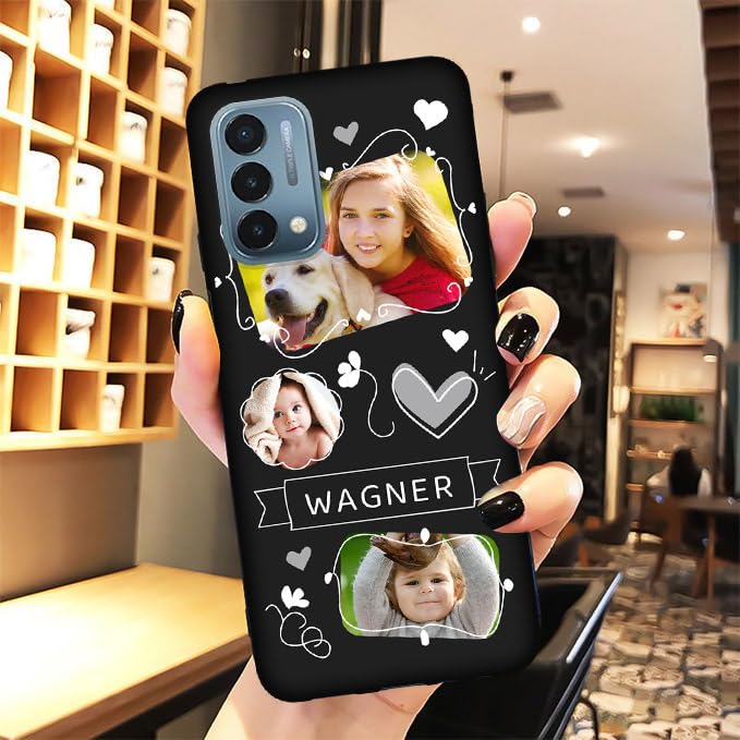 Custom Phone Case for OnePlus Nord N200 5G - Personalized Photo Case Picture Bumper Silicone Customized Case Soft Matte Candy Cases Protective Phone Cover Xmas Gift Black for Kids Child - color: Black 08 - Cute Drawing, 3 Photos Name