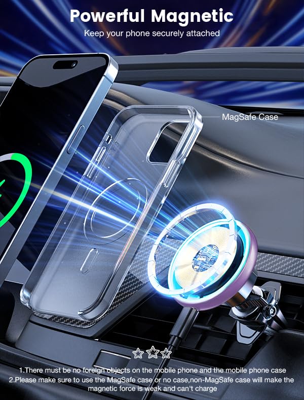 for Magsafe Car Mount Charger 15W LED RGB Car Phone Holder for Dash Vent - color: Purple