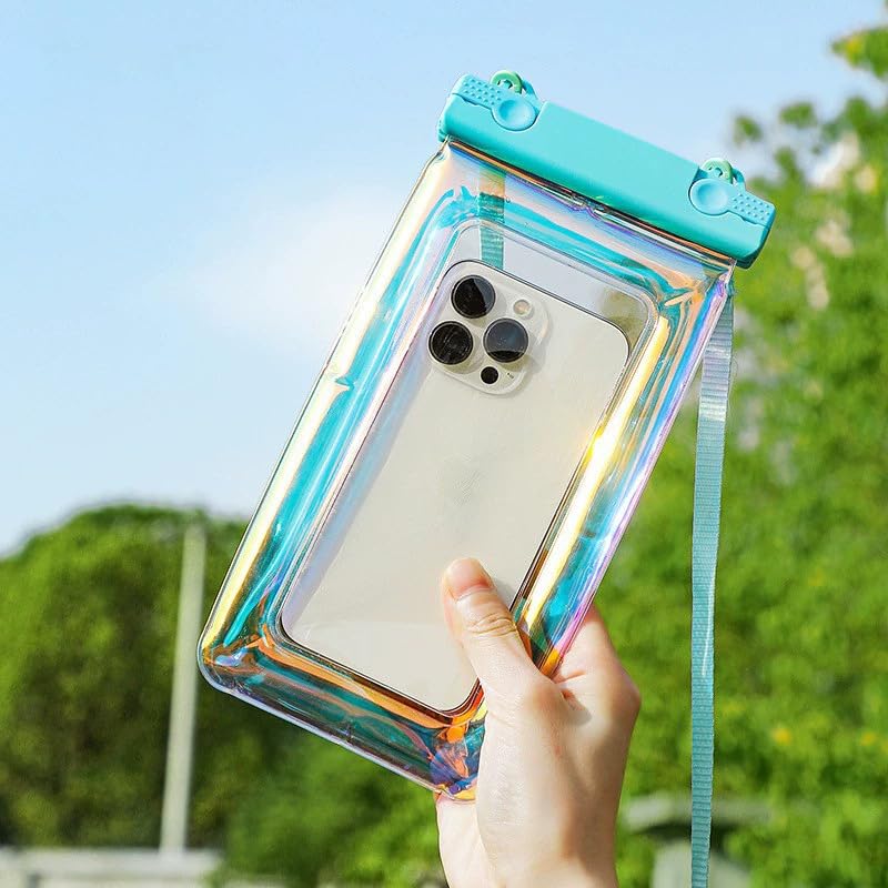 Air Float Waterproof Phone Case, Rainbow Holographic Laser TPU Touch Responsive Phone Pouch for Pool Beach Snorkeling Cruise (Blue) - color: Blue