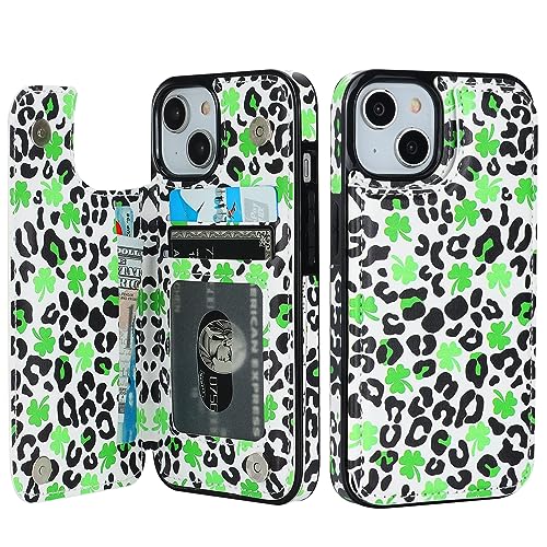 HAOPINSH for iPhone 14 Wallet Case with Card Holder, Clover Leopard Cheetah Pattern Back Flip Folio PU Leather Kickstand Card Slots for Women Girls, Double Magnetic Clasp Shockproof Cover 6.1" - color: Clover Leopard