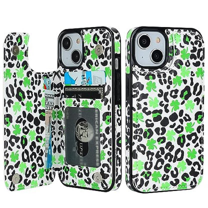HAOPINSH for iPhone 14 Wallet Case with Card Holder, Clover Leopard Cheetah Pattern Back Flip Folio PU Leather Kickstand Card Slots for Women Girls, Double Magnetic Clasp Shockproof Cover 6.1" - color: Clover Leopard
