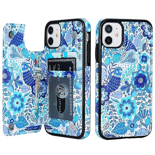 HAOPINSH for iPhone 11 Wallet Case with Card Holder, Blue Flower Bird Pattern Back Flip Case PU Leather Kickstand Card Slots Case for Women Girls, Double Magnetic Clasp Shockproof Cover 6.1" - color: Blue Flower Bird