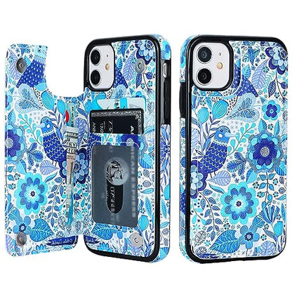 HAOPINSH for iPhone 11 Wallet Case with Card Holder, Blue Flower Bird Pattern Back Flip Case PU Leather Kickstand Card Slots Case for Women Girls, Double Magnetic Clasp Shockproof Cover 6.1" - color: Blue Flower Bird