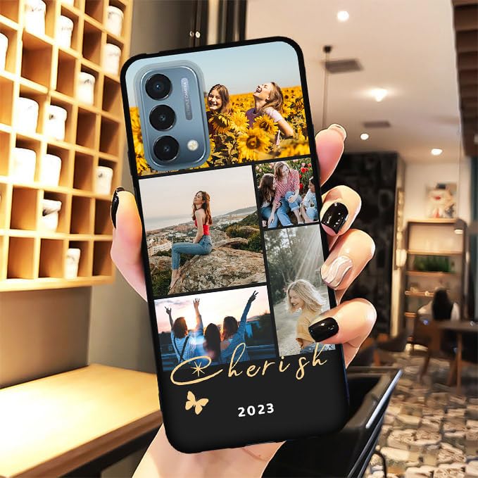 Create Your Own Unique Personalized Picture Phone Case for OnePlus Nord N200 5G - Customizable Photos Image Name Logo with Letter & Words N 200 5 G Phone Cover, Soft Slim Resist Sweat - color: Black 10 - Cherish, 5 Photos Text