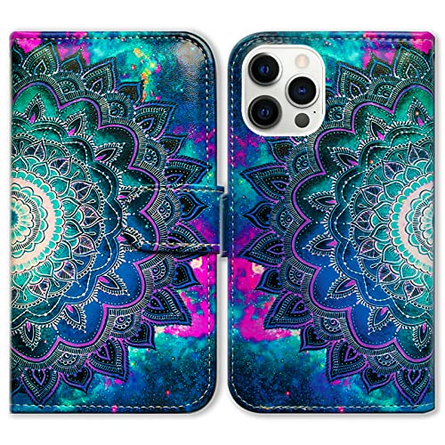 Bcov Case for iPhone 13 Pro, Mandala Flower Space Leather Flip Phone Case Wallet Cover with Card Slot Holder Kickstand for iPhone 13 Pro - color: Mandala Flower Space