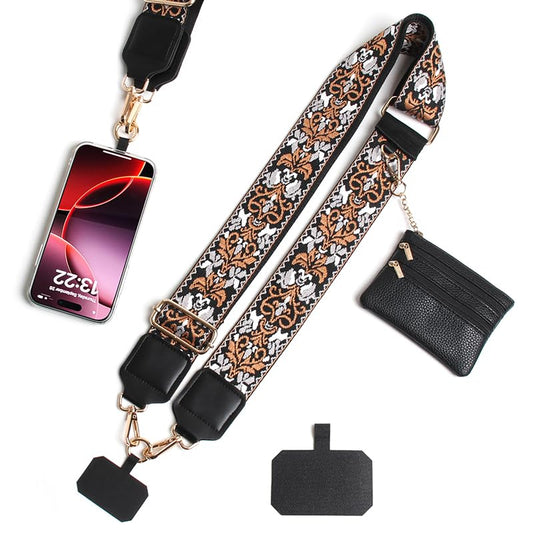Phone Strap with Zippered Pouch, Clip and Go Strap for Phone with Wallet Crossbody - color: Brown-bohemian Flower