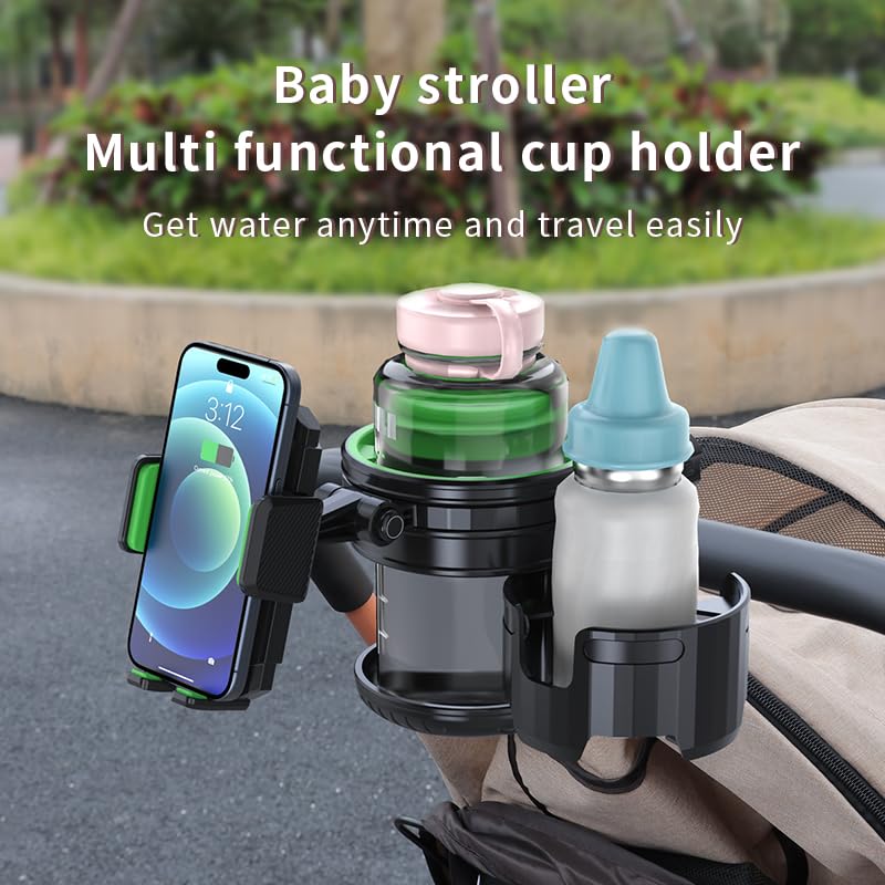 3-in-1 Stroller Cup Phone Holder Attachment, Cup Holder with Phone Mount for Walker, Wheelchair, Stroller, Universal Double Cup Holder Fits Most Donna, Uppababy, Bugaboo, Anti-Slip & Easy Install