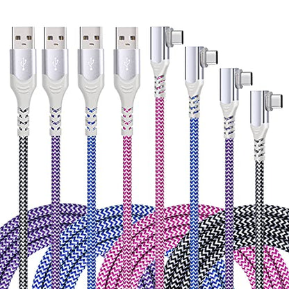 Eversame Right Angle USB C Cable(4-Pack 10ft), Nylon Braided USB A to USB C Charger Fast Charging Cord Compatible with Samsung Galaxy S24 S23 S8 S9 S10 Plus S20, Note 20 10 9 8, LG V50 V40, iPhone 15 - color: Blue White Purple Pink
