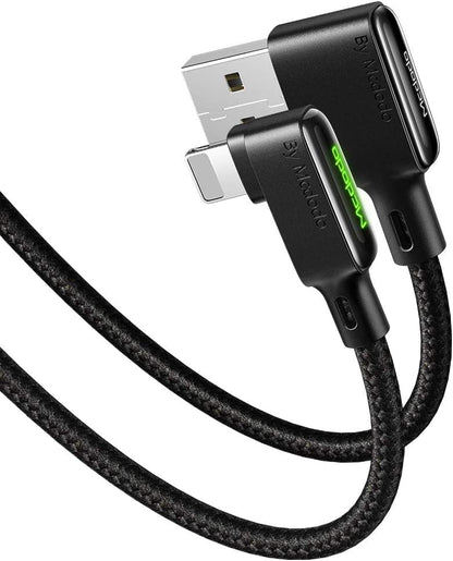mcdodo USB 90 Degree Right Angle Design Gaming LED Cord Nylon Braided Sync Charge USB Data 6FT/1.8M Cable Compatible with iPhone 14/13/12/11 Pro Max (Black, 4FT/1.2M)