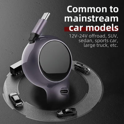 K2 Model 60W Retractable USB-C Car Charger Dual Port Fast Charging Adapter Compact, Travel-Ready Works with iPhone 15, Samsung, iPad, MacBook for Trucks & Cars